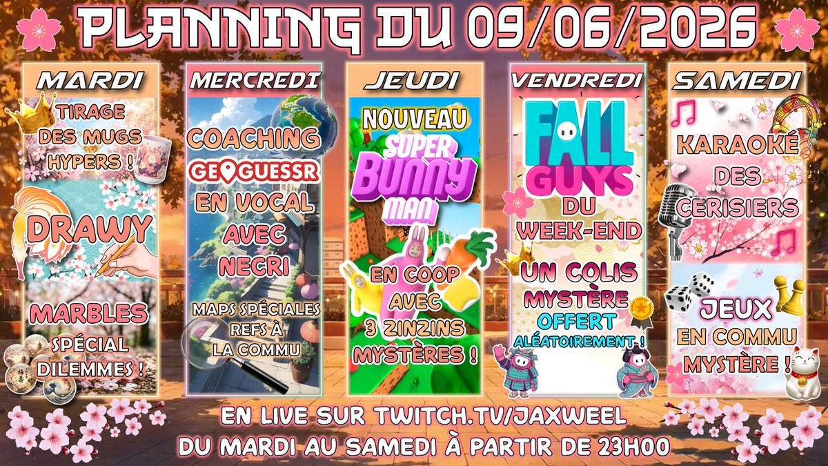 Jaxweel's tweet photo. Planning de la semaine dispo ! Cette semaine sera sous le signe des streams à plusieurs ! Rendez-vous mardi vers 23h sur https://t.co/ILZw6R83qw #twitchpartner #twitchaffiliate #twitch #streamer #streaming 💥 https://t.co/0NjaeQc02H