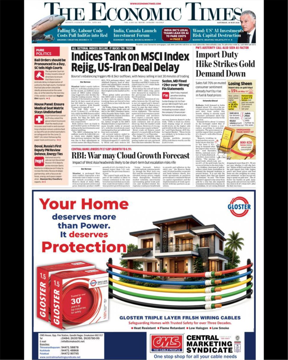 apmodi's tweet photo. Reaching Kerala through the pages of The Economic Times.
Trusted for over 30 years, engineered for todayโs homes.
#Kerala #EconomicTimes #Newspaper #ElectricalSafety #FRLSHCables #TripleLayerCables #TrustedQuality #FireResistant
#GlosterCables #cablesandwires https://t.co/eogDSAX7Zm