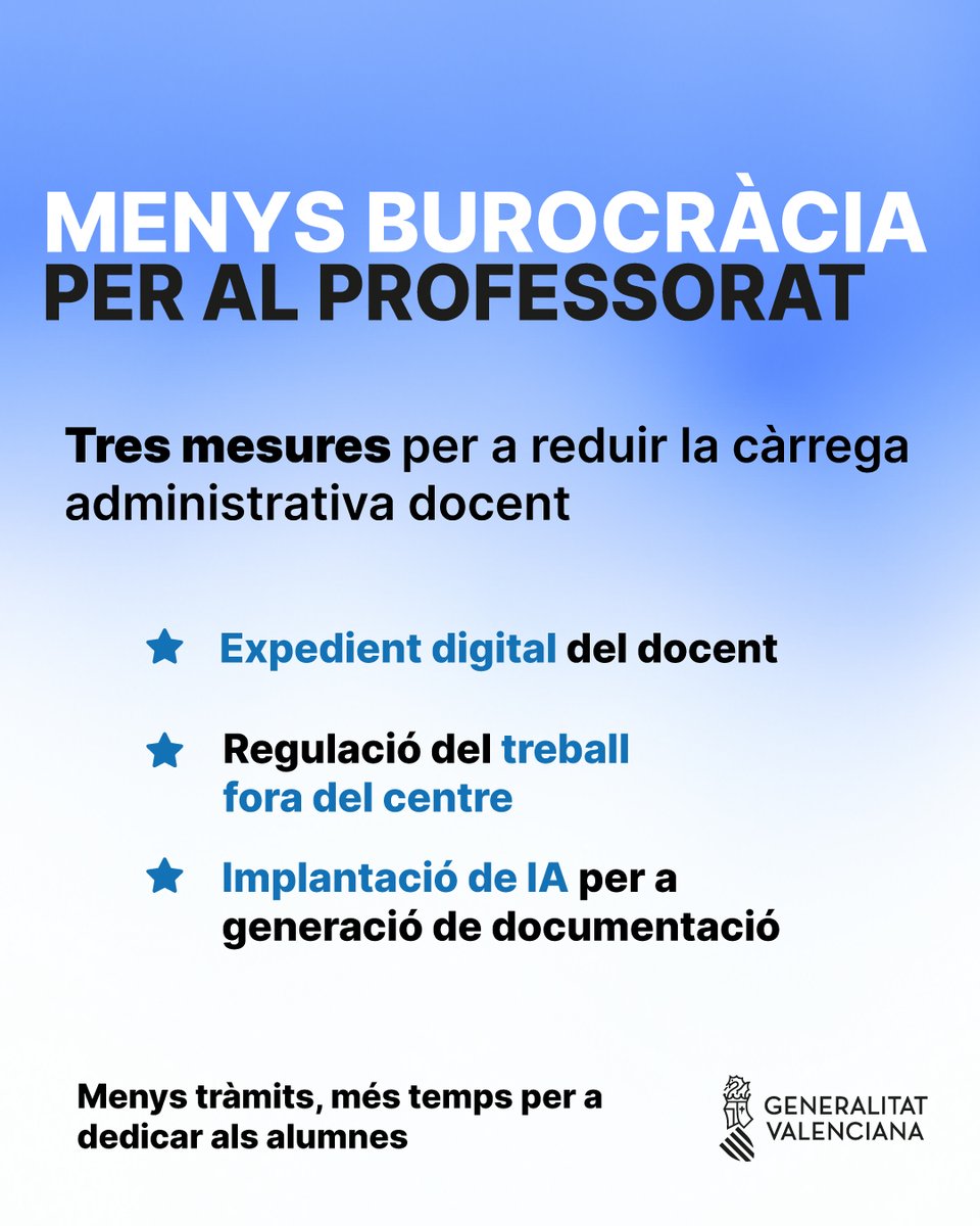 GVAeducacio's tweet photo. • Creació de l'expedient digital del docent.

• Regulació del treball realitzat fora del centre

• Implantació d'eines d'IA per a agilitzar la generació de documentació. https://t.co/QH1SvkCu1m