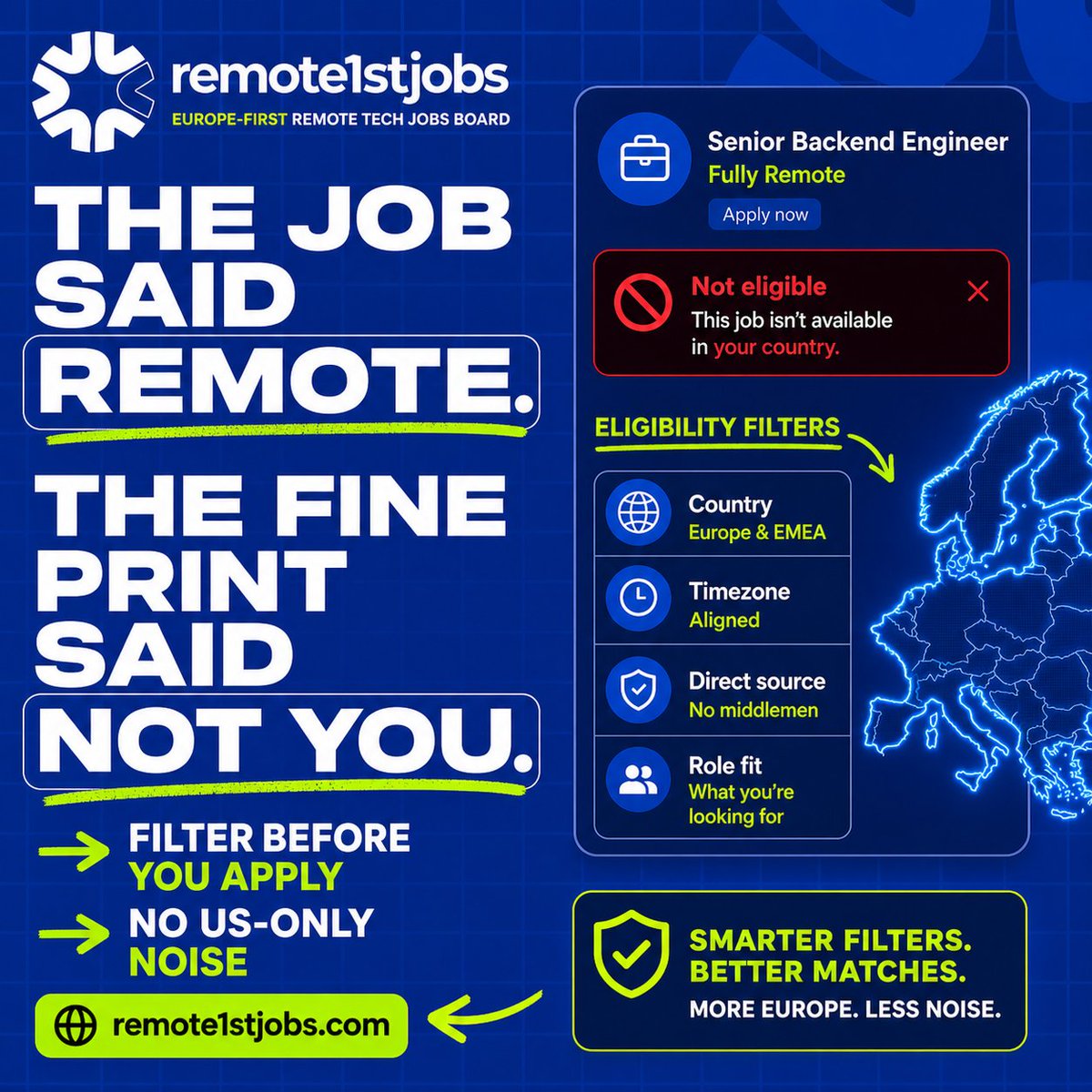 supadesignx's tweet photo. The job said remote.
The fine print said not you.

UK/EU candidates waste hours on roles that turn out to be US-only, country-restricted, stale, or unclear.

Filter before you apply:
https://t.co/YC8oJlTUJN https://t.co/X4MGvwKSC5