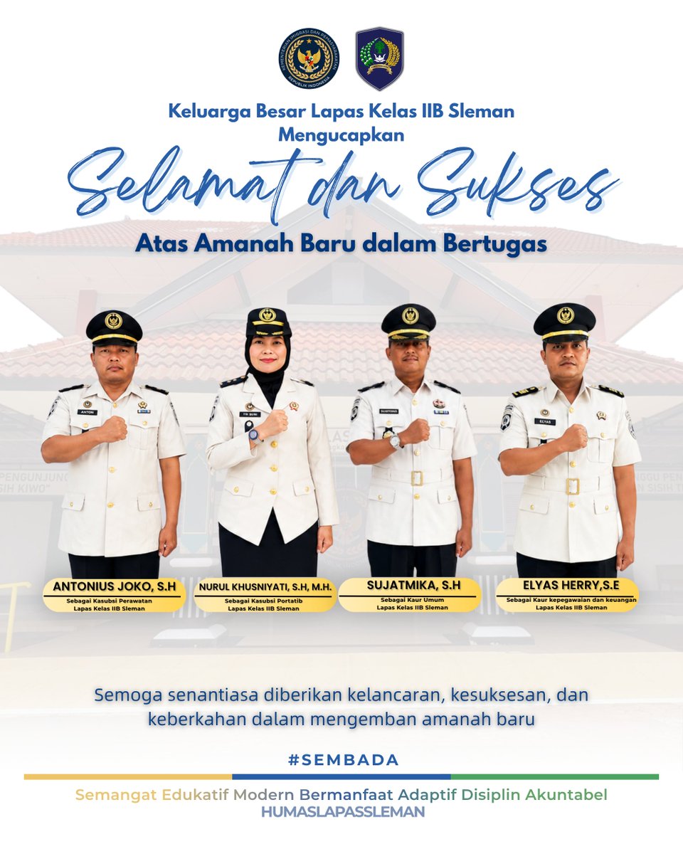 lpsleman's tweet photo. Keluarga Besar Lapas Kelas IIB Sleman Mengucapkan Selamat dan sukses Atas Jabatan Baru Semoga Amanah Ini Menjadi Berkah, diberi Kemudahan Dalam Setiap langkah, dan Dapat Menjalankan Tugas Dengan Penuh Tanggung jawab.

https://t.co/cldDScZw1u https://t.co/mwCENwhbye