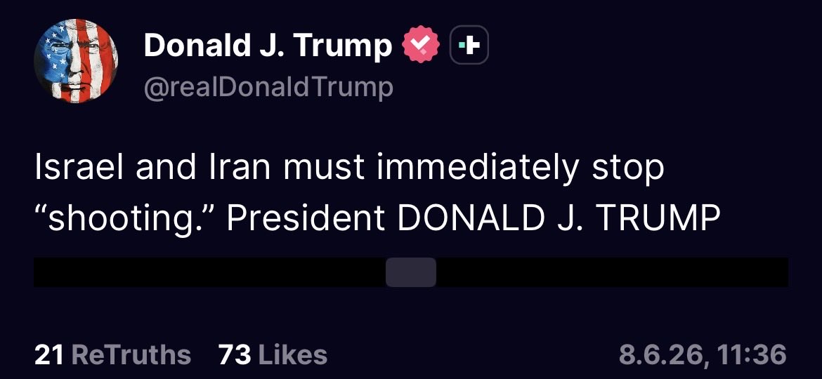 TrumpTweetsDE's tweet photo. "Israel und der Iran müssen sofort aufhören zu 'schießen'.
Präsident DONALD J. TRUMP" https://t.co/95KmdP6OXA