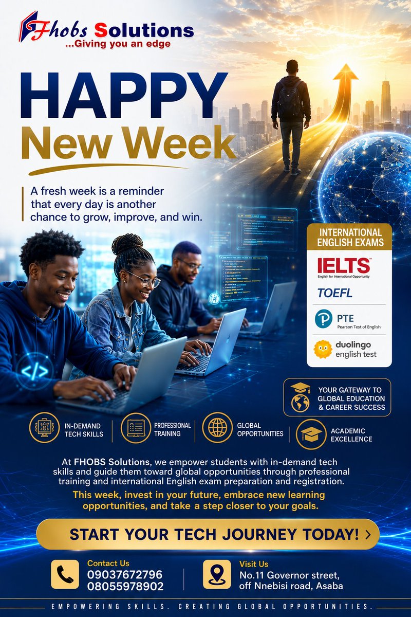 FhobsS's tweet photo. Happy New Week!
Every new week brings fresh opportunities to learn, grow, and succeed.
π Start your tech journey today!
π 09037672796 | 08055978902
π Asaba
#HappyNewWeek #TechSkills #CareerGrowth #LearnTech #StudyAbroad #FHOBSSolutions #MondayMotivation https://t.co/gORegkhy4G