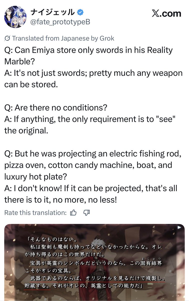 Anon_Lurker27's tweet photo. Q: Can Emiya store only swords in his Reality Marble?  
A: It's not just swords; pretty much any weapon can be stored.

Q: Are there no conditions?  
A: If anything, the only requirement is to "see" the original.

Q: But he was projecting an electric fishing rod, pizza oven, cott https://t.co/y7jZs3unU4