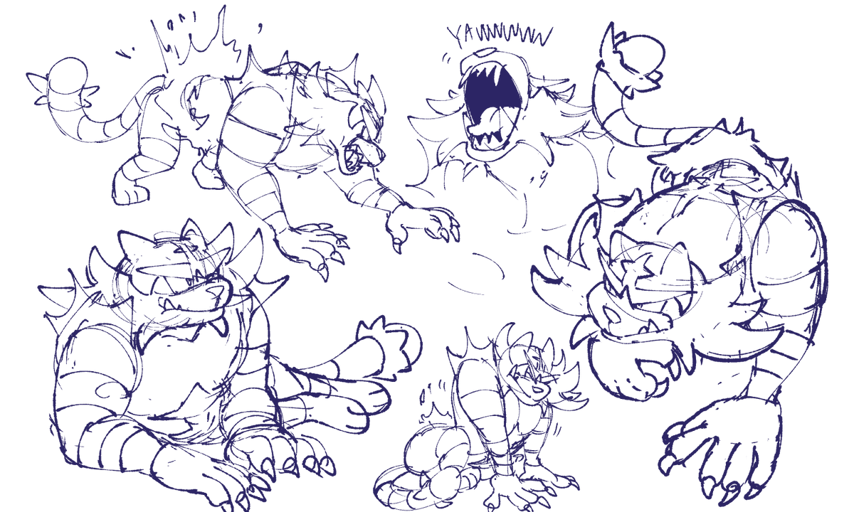 jsketch12's tweet photo. challenged myself to draw incineroar acting like an actual tiger.

realized halfway through that hobbes from calvin and hobbes is a perfect representation of a cartoon tiger that acts like both a guy and a cat so the stretching pose is based on one of his https://t.co/t5Bv72yckJ