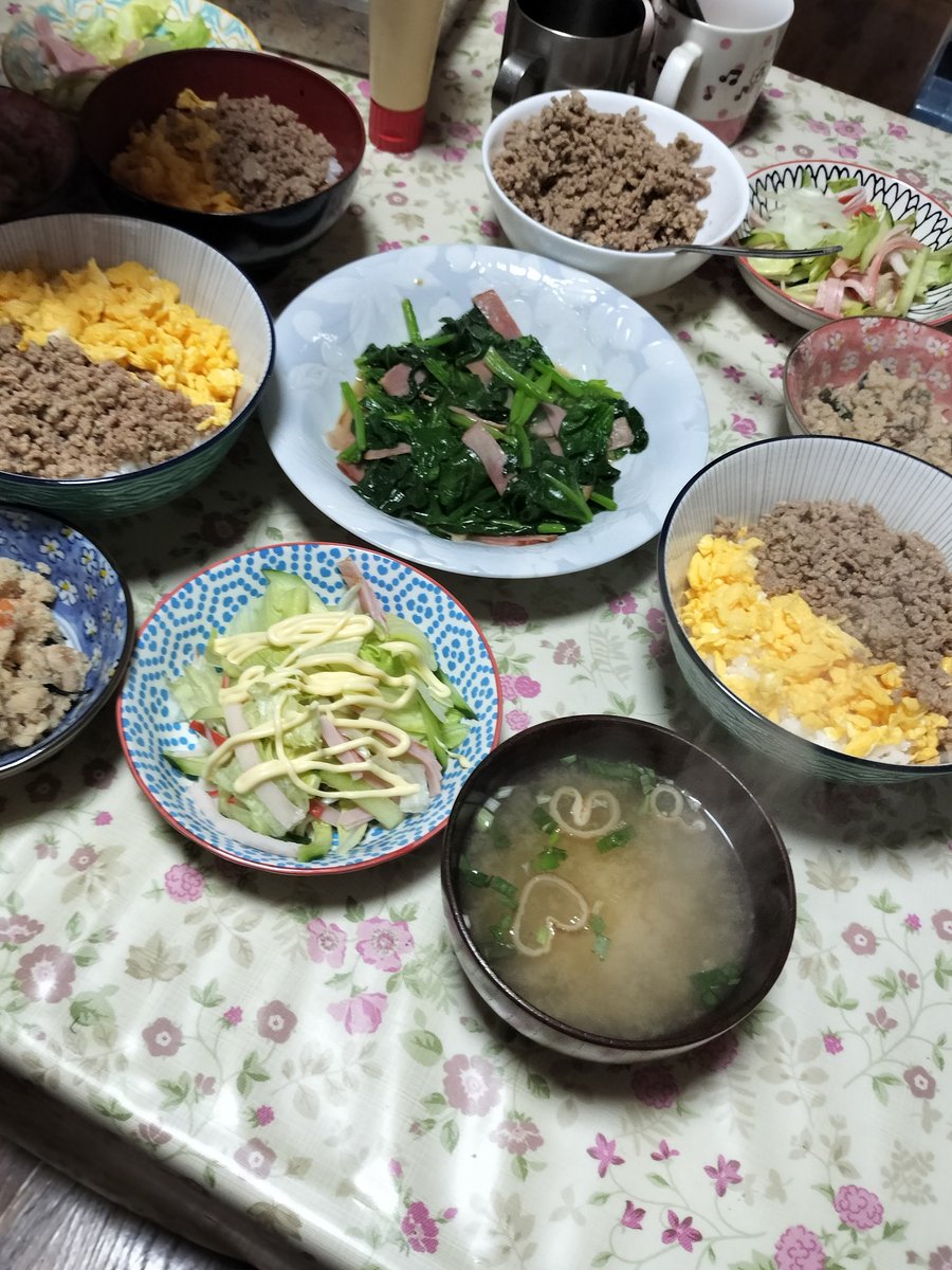 YM8301's tweet photo. 今日の晩御飯は2色丼、ホウレン草のバター炒め、サラダ、おから（作り置き）、味噌汁（インスタント）

#料理男子
#おうちごはん
#830飯
#作り置き https://t.co/gX8JB6T42u