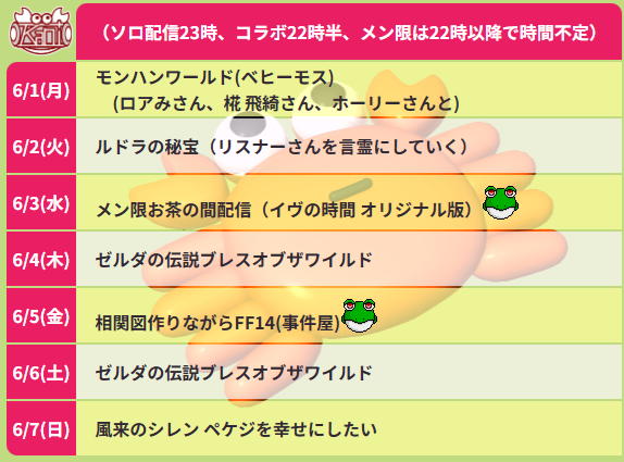 KaniToyamash's tweet photo. 予定表ぺたり
今夜は4人コラボでモンハン ベヒーモス挑戦
あとゼルダのティアキンがやりたくて我慢できなくなったので、まずはブレワイを始めます https://t.co/zJFL8ud5F4