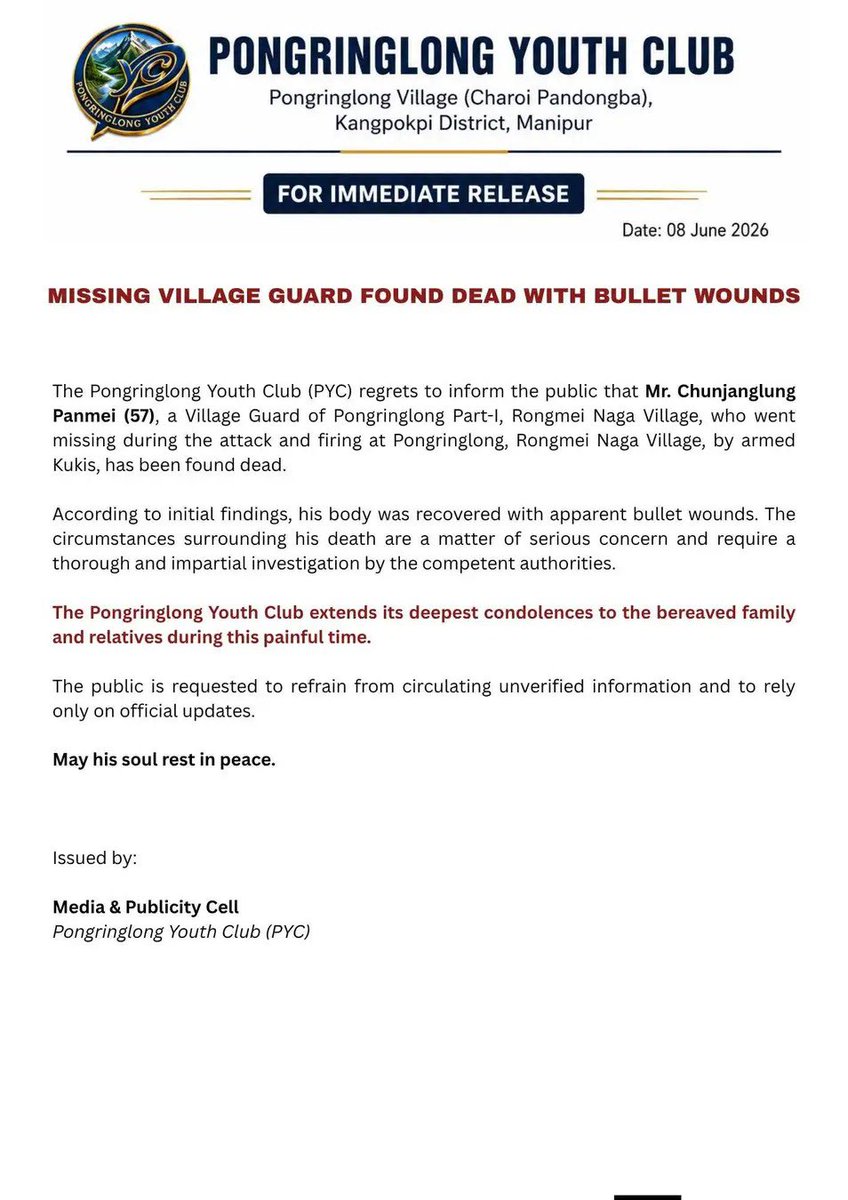TheBlueHills49's tweet photo. Manipur govt , the public pleads to acknowdged and end #KukiTerrorism 

Earlier today, the Rongmei Naga village of #Pongringlong was attacked by suspected #KukiMilitants following which a civilian was found missing and feared abducted 

The fear has turn into reality with the villager being found dead with bullet wounds 

This has been the norm in Manipur for the last 3 years, where #KukiMilitants Will attacked villagers , abduct , torture and then commit murder.

The common thing is the series of  ‘failure of the Manipur govt’ to take decisive and appropriate actions , where the civilians are protected as per the constitution of India 🇮🇳 

What has #KukiMilitants got apart from the crores of drug and poppy fields money , that stops India 🇮🇳 from acknowledging #KukiTerrorism and addressed it as per the law ?

@LokBhavManipur @BJP4India