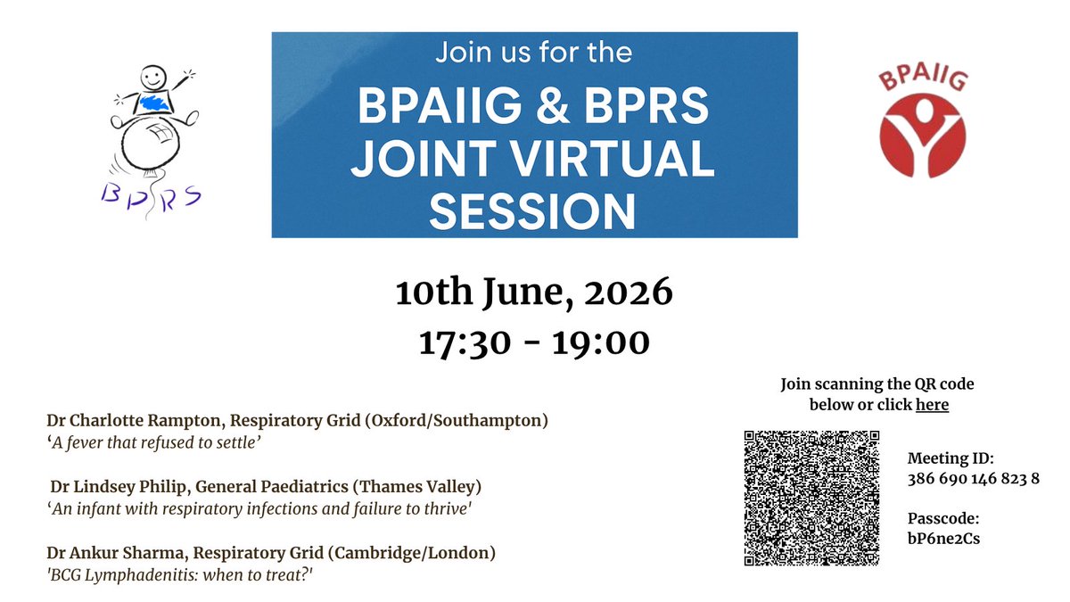 bpaiig's tweet photo. Join us for the BPAIIG & BPRS joint virtual session - featuring an engaging discussion on interesting PID & Respiratory cases!
📅 10th June 2026
📷 17:30-19:00
#PaediatricInfectiousDiseases #PID
@RCPCHtweets https://t.co/YyOsYH1v8l