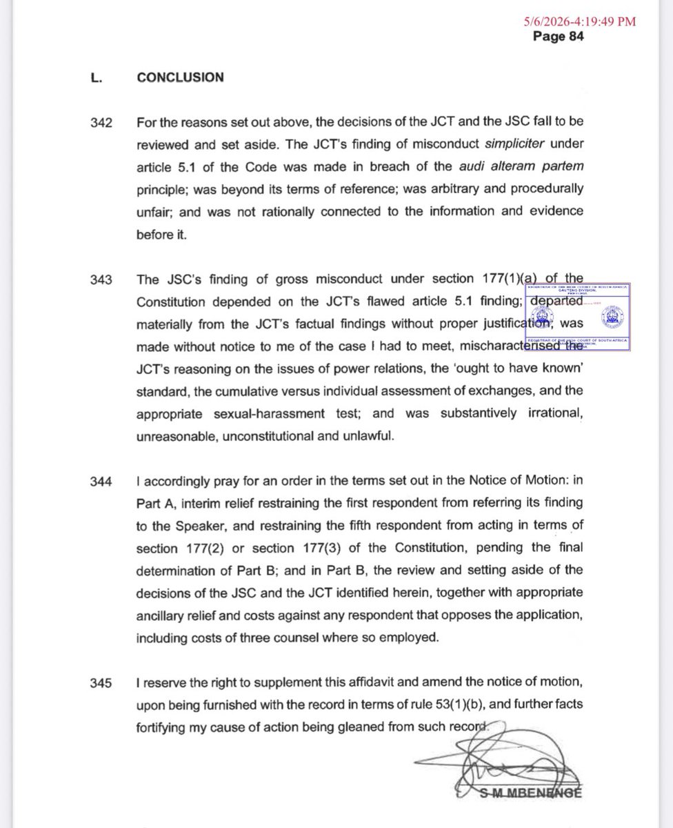 ZOLEKV_Q's tweet photo. [BREAKING] EC JP, Selby Mbenenge has filed a review application following the gross misconduct finding against him by the JSC. He also seeks to interdict the JSC from transmitting its decision to Parliament &amp; the Speaker from initiating the impeachment process.

@Newzroom405 https://t.co/HyLonISaIg