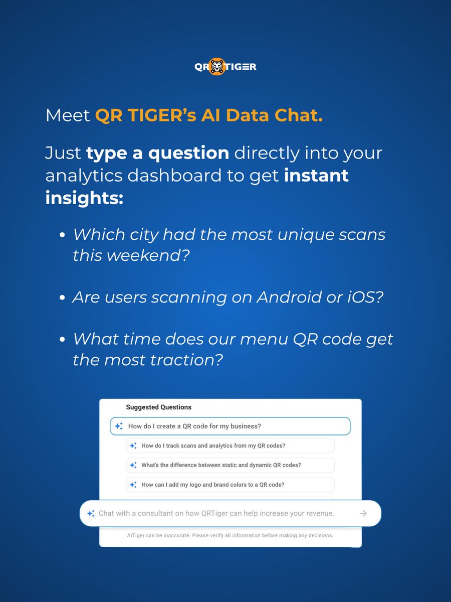 QRtigers's tweet photo. Looking for a QR code generator with analytics?

QR TIGER's AI Data Chat lets you ask questions about QR code performance, scan locations, devices, and trends using simple prompts.

Built for businesses that need dynamic QR codes, QR code tracking, and AI-powered insights in one. https://t.co/1D27LOIaGi