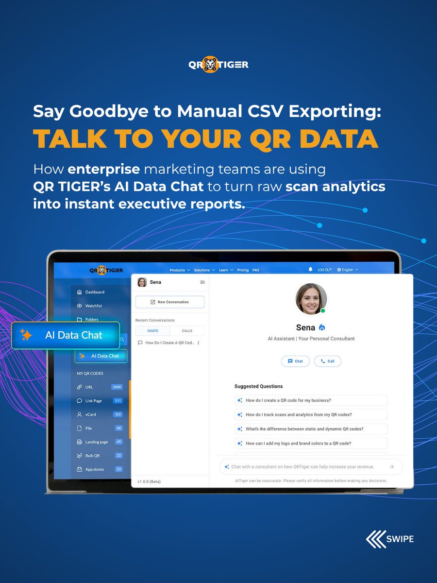 QRtigers's tweet photo. Looking for a QR code generator with analytics?

QR TIGER's AI Data Chat lets you ask questions about QR code performance, scan locations, devices, and trends using simple prompts.

Built for businesses that need dynamic QR codes, QR code tracking, and AI-powered insights in one. https://t.co/1D27LOIaGi