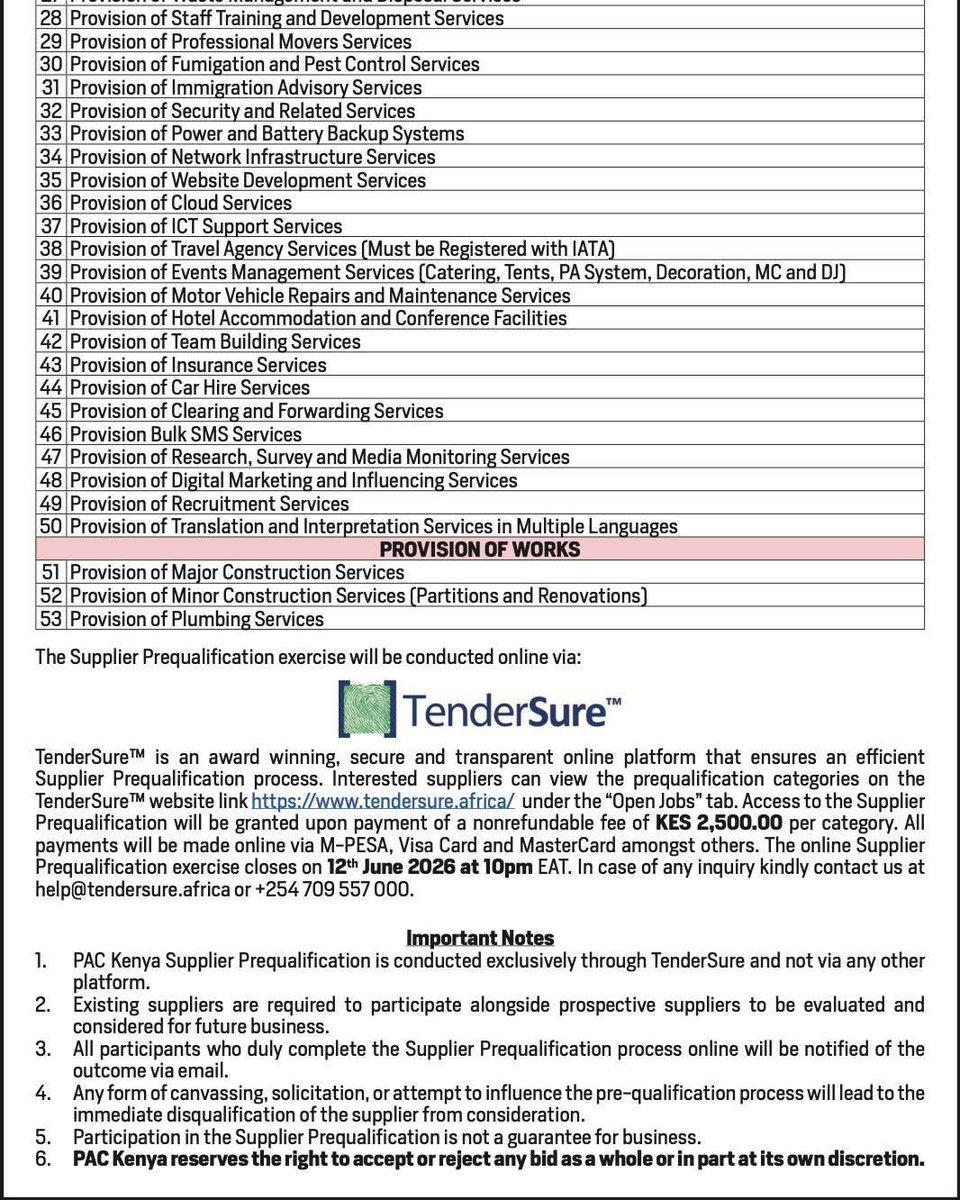 physiciansac's tweet photo. 📢 PAC Kenya is accepting applications for its 2026–2028 Supplier Prequalification Exercise.  Qualified suppliers, service providers, and contractors are invited to apply via TenderSure™.  📷 

https://t.co/8L1CU2bfbe

📷#PACKenya #Tender https://t.co/WyMZbF3T7S