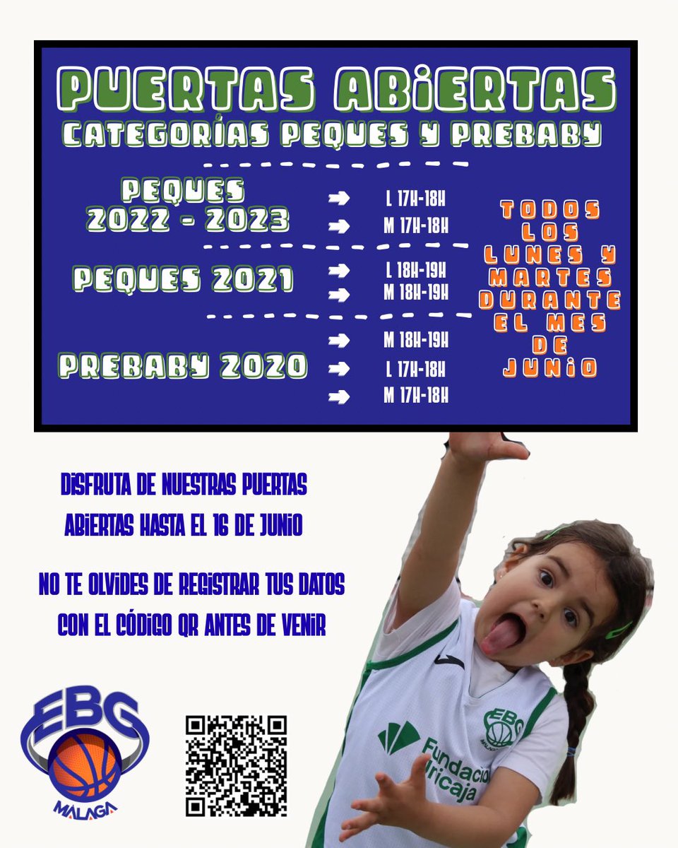 EBGMALAGA's tweet photo. 🚨 ¡PUERTAS ABIERTAS EN NUESTRO CLUB DE BALONCESTO! 🚨

Hasta el 16 de junio, ven a probar con nosotros 

@FundUnicaja 

#somosEBG🧡💚 https://t.co/XJhDHdbNPu