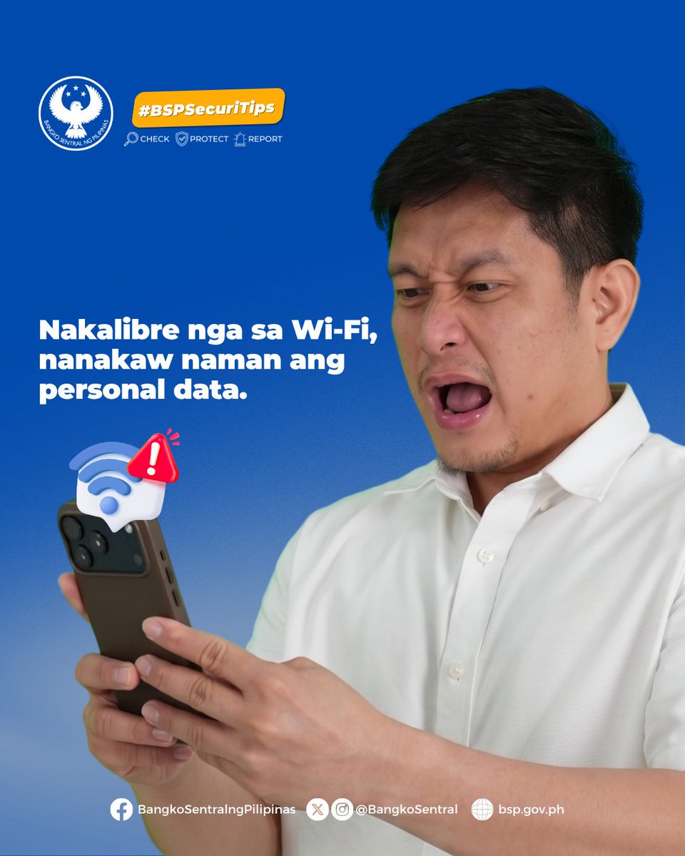 BangkoSentral's tweet photo. #BSPSecuriTips: Malaking tulong ang public Wi-Fi. Ngunit para makaiwas sa scam, iwasang gumamit nito kapag gumagawa ng financial transactions. ๐ถ
Habang gamit ang public Wi-Fi, maaaring makuha ng mga scammer ang inyong impormasyon.
Gawin ang #CPR o #CheckProtectReport para sa mas ligtas at secure na transaksyon. ๐๐ผ