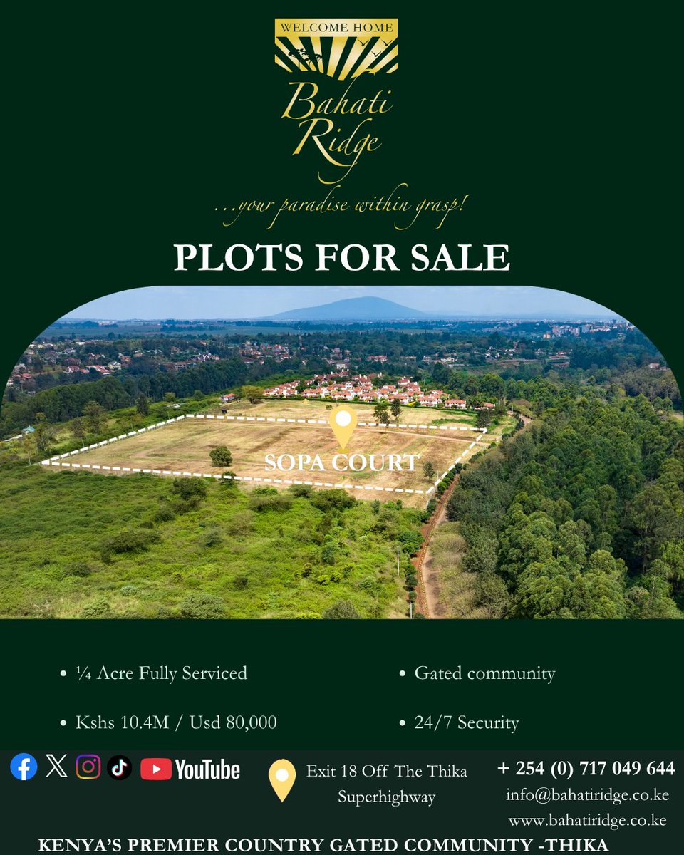 BahatiRidge's tweet photo. Build your dream home in an exclusive gated community where luxury meets country living.
Enjoy spacious surroundings, beautiful landscapes, and a peaceful lifestyle just moments from urban conveniences.
#plotforsale #GatedCommunity #sopacourt #yourparadisewithingrasp https://t.co/Ja7dAUSJNV