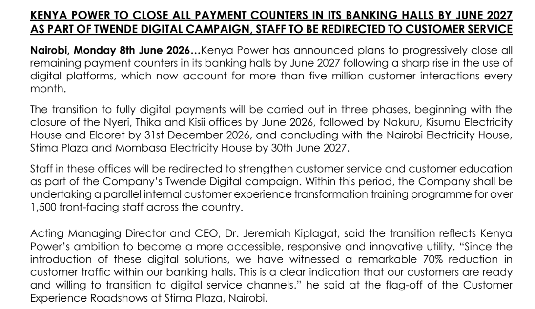MwangoCapital's tweet photo. Kenya Power will progressively close all remaining payment counters in its banking halls by June 2027.

The first closures will be Nyeri, Thika and Kisii by June 2026, followed by Nakuru, Kisumu Electricity House and Eldoret by Dec 2026, then Nairobi Electricity House, Stima Plaza and Mombasa Electricity House by June 2027.