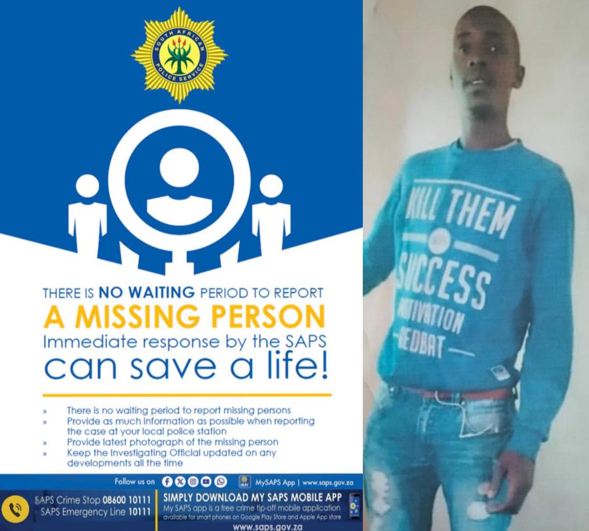 SAPoliceService's tweet photo. #sapsFS [HELP POLICE FIND MISSING THEMBA MCOLISI]

Thabong police seek the public's assistance in locating #missing Themba Mcolisi (35).

It is alleged that Themba was last seen on 23 May 2026 sitting alone outside a local shop in Mshenguville, Thabong. He has since not returned home.

At the time of his disappearance, he was last seen wearing a black jacket, blue Dickies trousers and white sneakers. He is described to be tall and dark in complexion.

Anyone with information on his whereabouts is urged to contact D/Cst Joyce Mkhwanazi on 063 132 1441. #CrimeStop #MySAPSApp ML
https://t.co/xIHycwjdSx