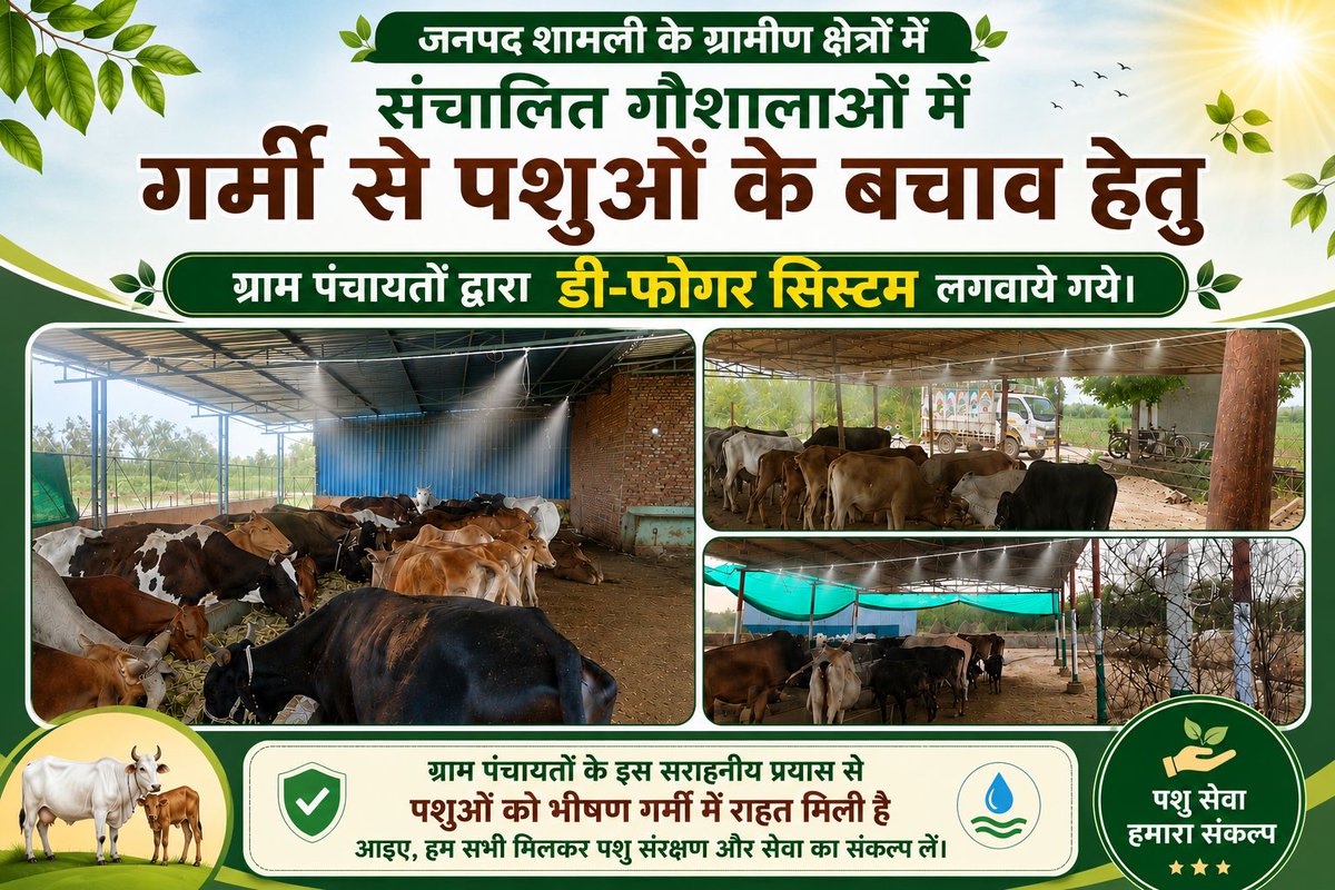 DPROSHAMLIrc's tweet photo. जनपद शामली मे भीषण गर्मी से  पशुओं को राहत देने के लिए ग्राम पंचायतों द्वारा  ग्रामीण क्षेत्रो मे संचालित सभी ग्रामीण गौशालाओं में डी-फोगर सिस्टम  लगवाए गए । इस सराहनीय प्रयास से गौवंश को चिलचिलाती धूप और उमस से बड़ी राहत मिलेगी।
@dm_shamli https://t.co/m175gd6h1r