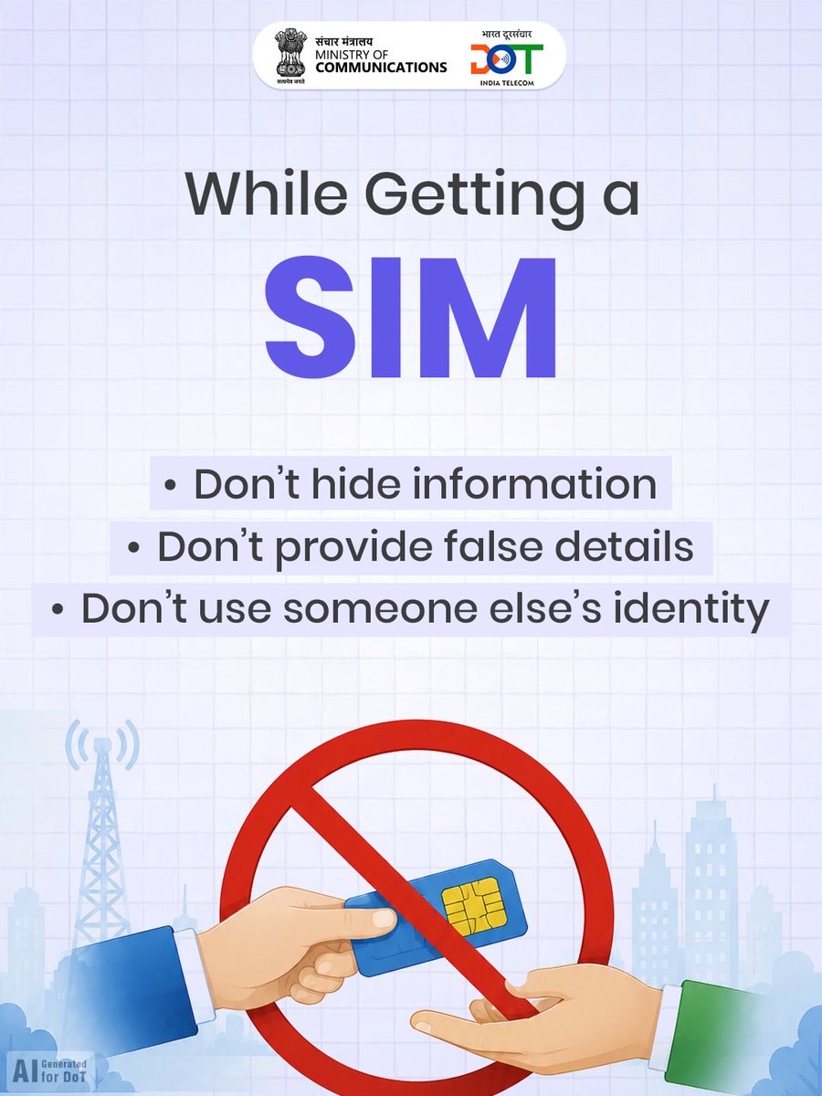 DoT_KolkataLsa's tweet photo. The choices you make today can prevent misuse tomorrow. Stay vigilant, make informed decisions, and contribute to a secure Digital India.
#DoT #Telecom #DigitalIndia #StayAware #CitizenSafety #SIM

@JM_Scindia
@PemmasaniOnX https://t.co/v88kCpvIcU