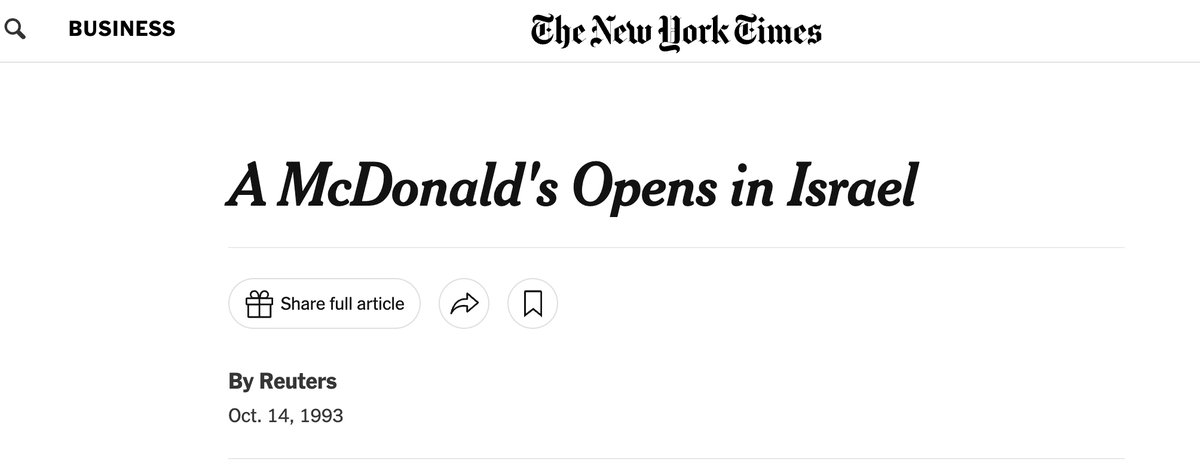 muhammadshehad2's tweet photo. Fun fact: Israel didn't get a McDonald's until 1993 because of a strict Arab boycott campaign against any non-Israeli companies that did business with Israel or firms that did business with other companies that did business with Israel

Israelis didn't get Pepsi, Pizza Hut & other Western World products until the 1990s

This is in part how Israel was dragged into the Oslo peace talks with Palestinian. After the Oslo accords were signed in 1993, companies like Dell began to open in Israel.