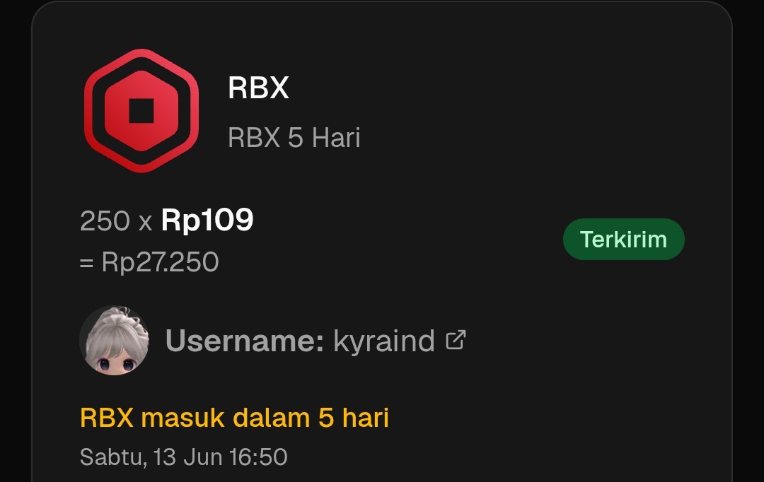 txvsibey's tweet photo. Untung gabung salurannya @rierbux , dapet notif robux flashsale auto beliii. Udah nahan kemaren pengen topup karena dollar naik, eh baiknya dikasih flashsale hari ini🥹🫰Maaciw yaa kakakk🫶 @qiedimsum https://t.co/fOEt39OYRR
