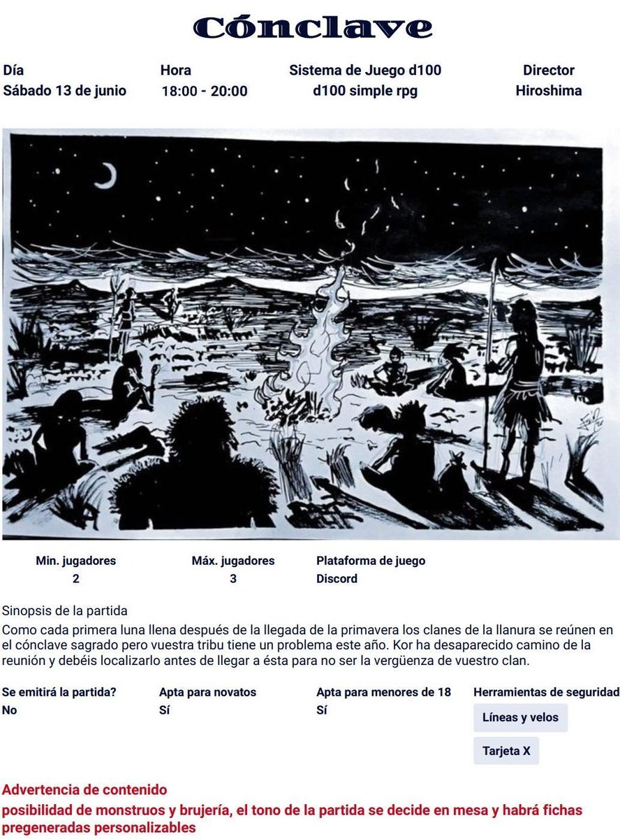 RunasNet's tweet photo. El sábado 13 por la tarde, apetece #rol ¿eh? 😍 Ven a jugar con Hiroshima (de las NetCon) a una partida online de clanes tribales con misterio incluido y descubre un juego D100 muy sencillo que te sorprenderá... 😳👌 Apúntate aquí: https://t.co/vzZtfNHiVe ✍️ ¡Quedan 3 plazas! https://t.co/ZQKZ71qL0K