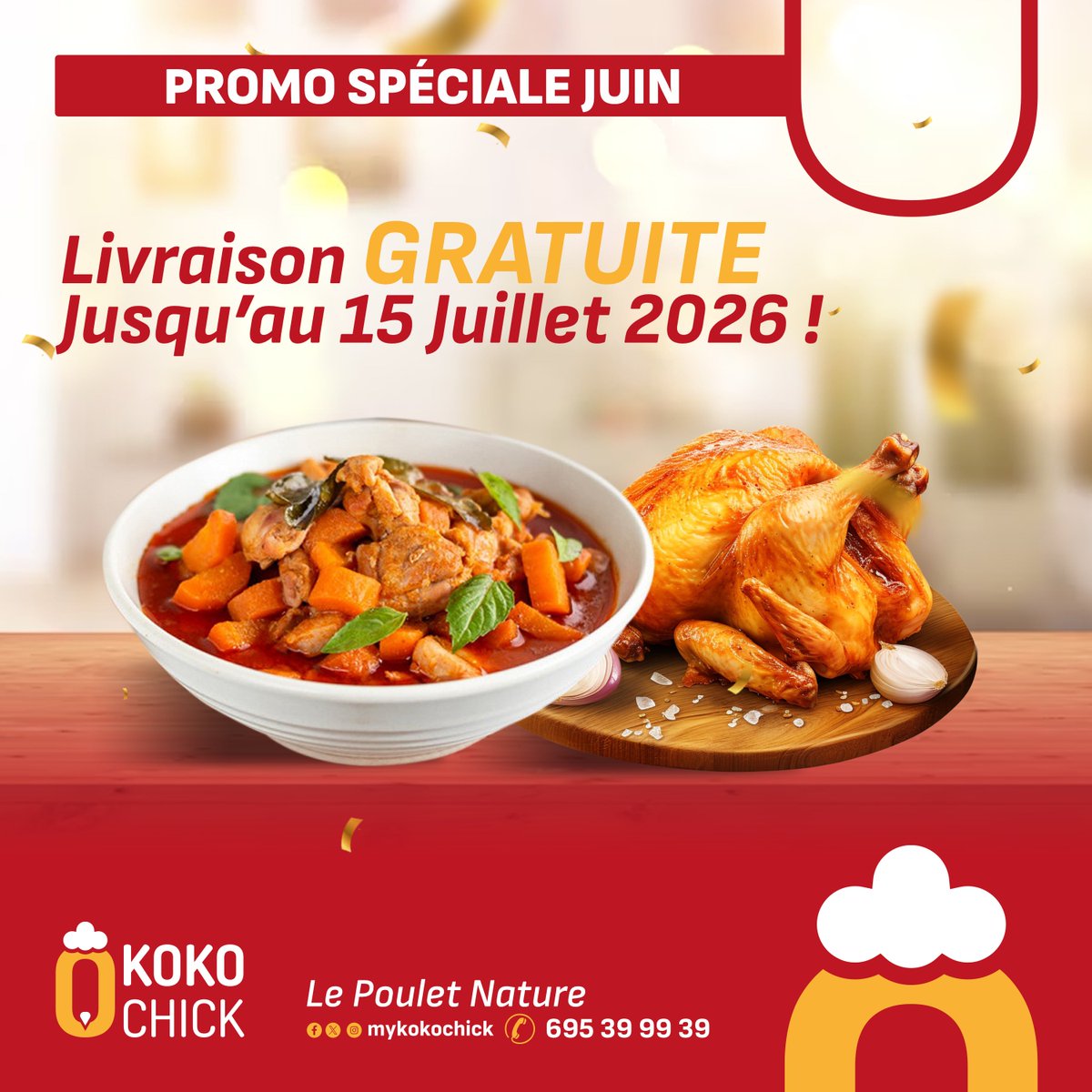 MyKokoChick's tweet photo. C'est le début de la semaine, et nous avons déjà de bonnes nouvelles pour vous.

Jusqu'au mois de Juillet, nous vous offrons la livraison. Parce que le poulet nature mérite d'arriver chez vous sans tracas.

#KokoChick #PouletNature #LivraisonGratuite #FreeDelivery https://t.co/fd1URkRKNd
