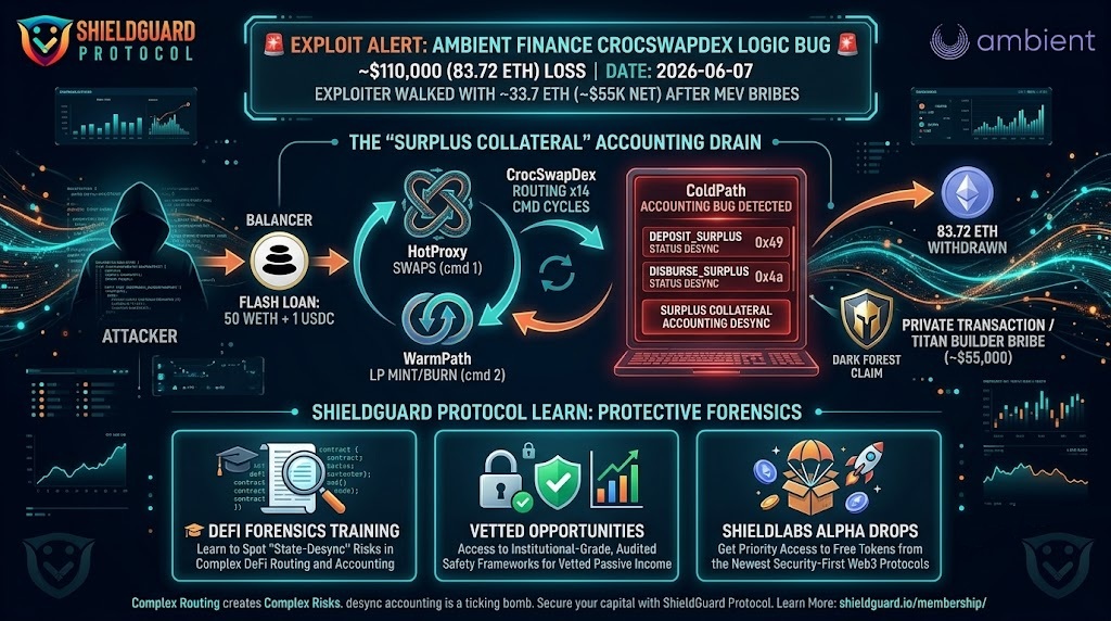Shieldguardio's tweet photo. 🚨 EXPLOIT ALERT: Ambient Finance Hit by $110K Logic Bug 🚨

A clinical "Accounting Attack" just drained approximately 84 ETH from https://t.co/n30cAkmy6d . While most people are watching prices, this exploiter watched the code, and found a fatal flaw in the "Surplus Collateral" logic.

Here is exactly how the 'Dark Forest' claimed another victim today:

1️⃣ The Capital: Attacker pulled a massive flash loan from Balancer (50 WETH + 1 USDC).

 2️⃣ The Loop: They cycled 14 rapid-fire commands through the CrocSwapDex routing, bouncing between HotProxy swaps and WarmPath LP minting/burning. 

3️⃣ The Glitch: By abusing DEPOSIT_SURPLUS and DISBURSE_SURPLUS in the ColdPath, they tricked the protocol into thinking they had unwithdrawn collateral. 
4️⃣ The Exit: They walked away with 83.7 ETH.

The Brutal Reality of 2026 DeFi: 
The attacker paid ~50% of the loot (~$55K) as a bribe to Titan Builder to keep the transaction private. This meant no one saw it coming until the money was already gone.

Complex routing creates complex risks. If a protocol has "Hot," "Warm," and "Cold" paths, any desync in accounting is a ticking time bomb. 💣
#DeFiExploit #AmbientFinance #Ethereum #CryptoSecurity #ShieldGuard
👇 Check the comments to see how our membership protects your capital from these silent logic bugs.
