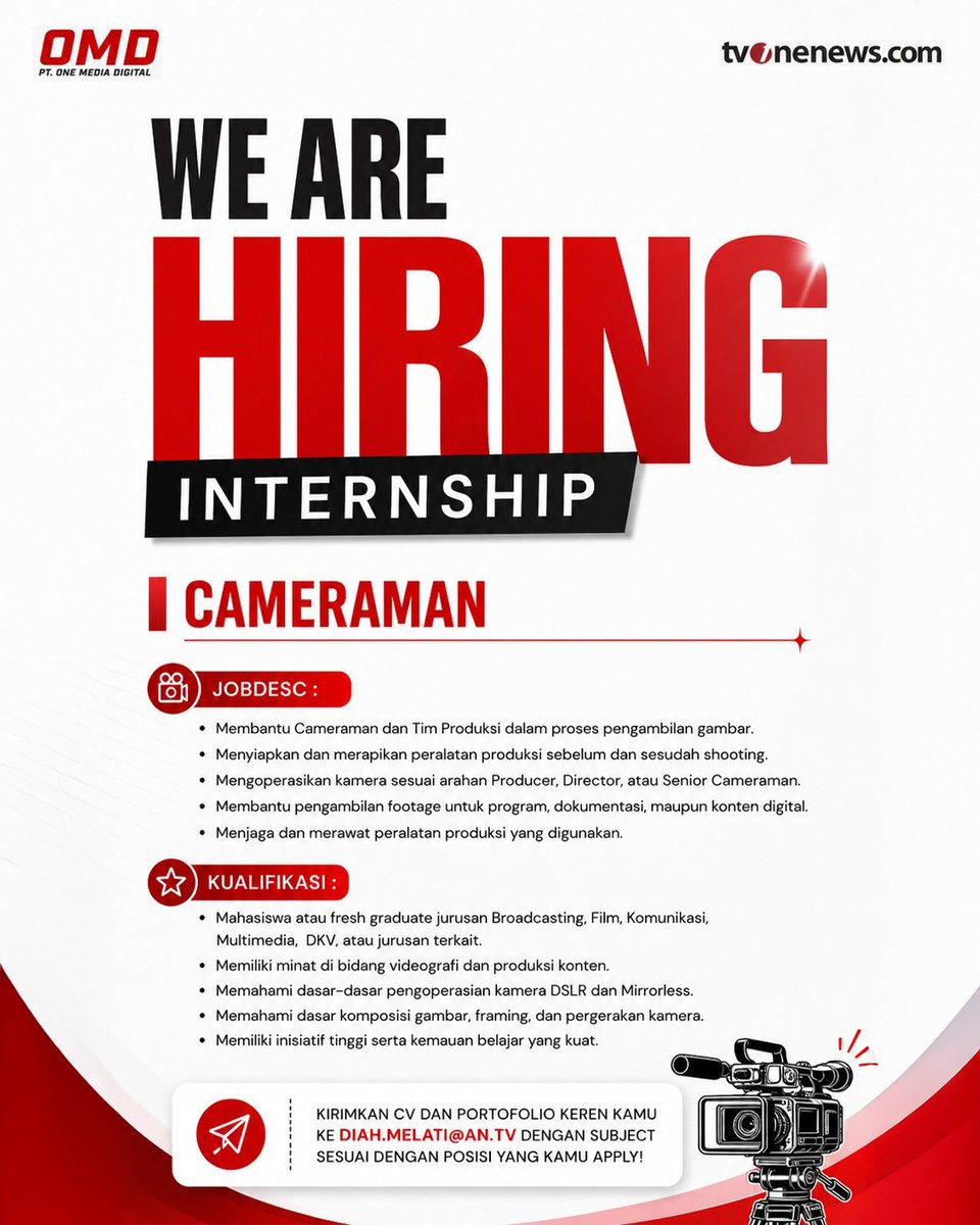 tvOneNews's tweet photo. Kesempatan magang terbuka untuk Anda yang ingin terjun langsung ke dunia media dan produksi konten!
Yuk, kirimkan CV dan Portofolio Anda ke email tertera!
#CariBeritaditvOne #MagangtvOne #InternshipHiring #LowonganMagang #tvOneDigital https://t.co/HBWC70WHwC