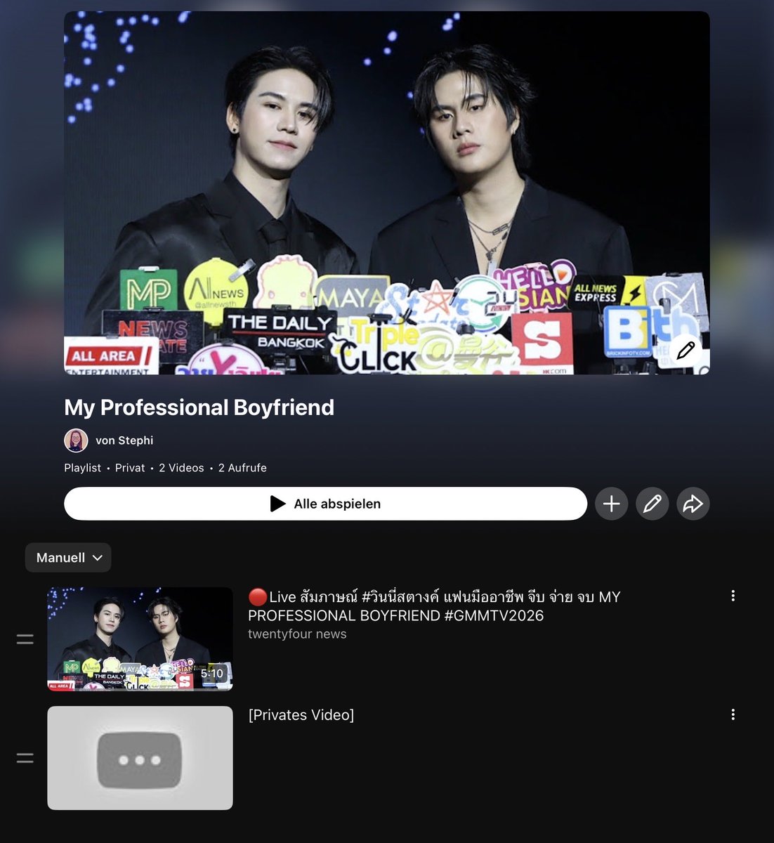 Steorie's tweet photo. That’s my yt playlist I made for my professional boyfriend. And there were two vids in it so far. One being the interview still visible and the other was the pilot itself. 

As you can see, the pilot is still there, patiently waiting to see the light of the day again. 🧧🤞🏻🦥💰 https://t.co/rvdR8p1oFL