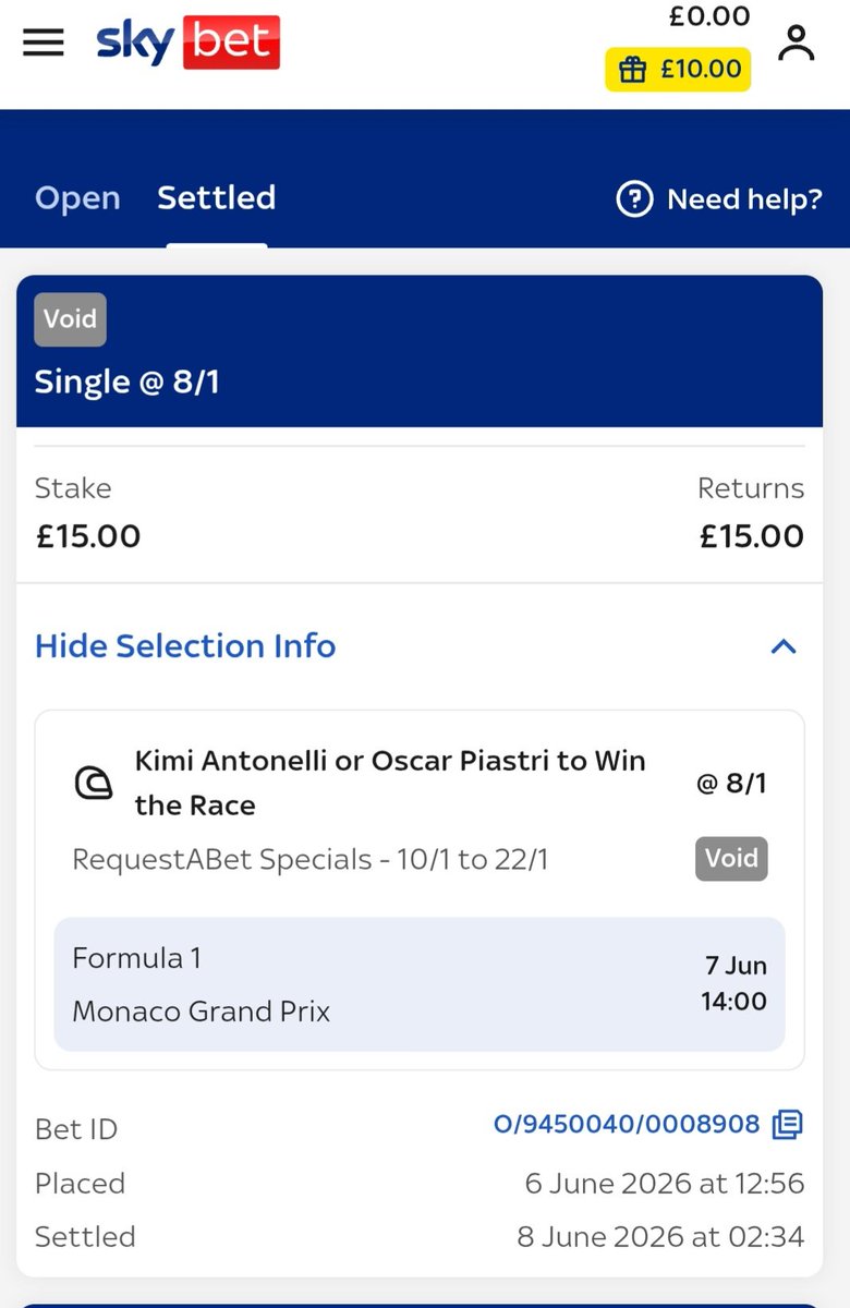 chenzorod's tweet photo. One is paid as a winner and one was placed before the market was meant to be on the website so they void it AFTER it has won. Ridiculous @SkyBetHelp https://t.co/SjCkmFgWwt