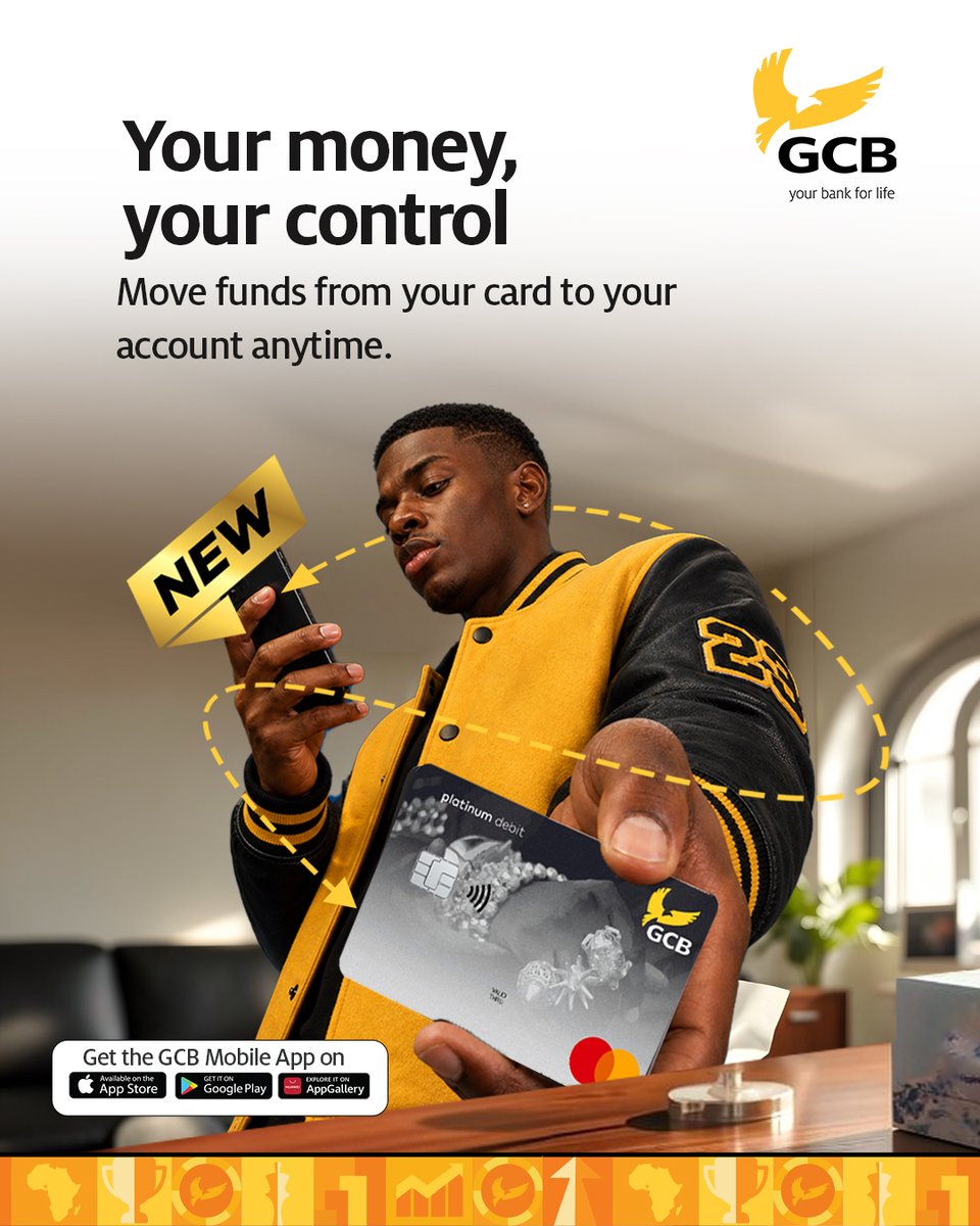 GCBBankPLC's tweet photo. Take full control of your finances with the enhanced GCB Mobile App. Move funds from your card to your account instantly and manage your money anytime, anywhere.

Fast. Secure. Convenient.

#GCBMobileApp #YourMoneyYourControl #DigitalBanking #GCBBank #GCBCares #YourBank4Life https://t.co/OaxpoTopKe