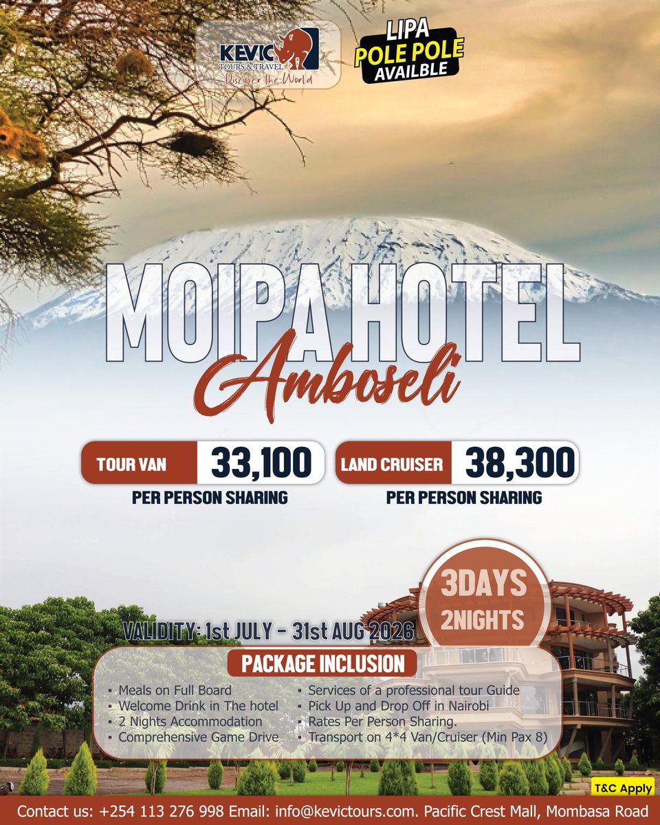 KevicLtd's tweet photo. 🐘🏔️ Experience Amboseli like never before!
🌿 3 Days, 2 Nights at Moipa Hotel Amboseli 🚐 From KSh 33,100 pp sharing 

📅 Valid: 1 Jul – 31 Aug 2026 
💳 Lipa Pole Pole Available

Game drives, wildlife &amp; Kilimanjaro views await! 🌄
#KevicToursAndTravel #AmboseliSafari https://t.co/k4oWzdQFiY