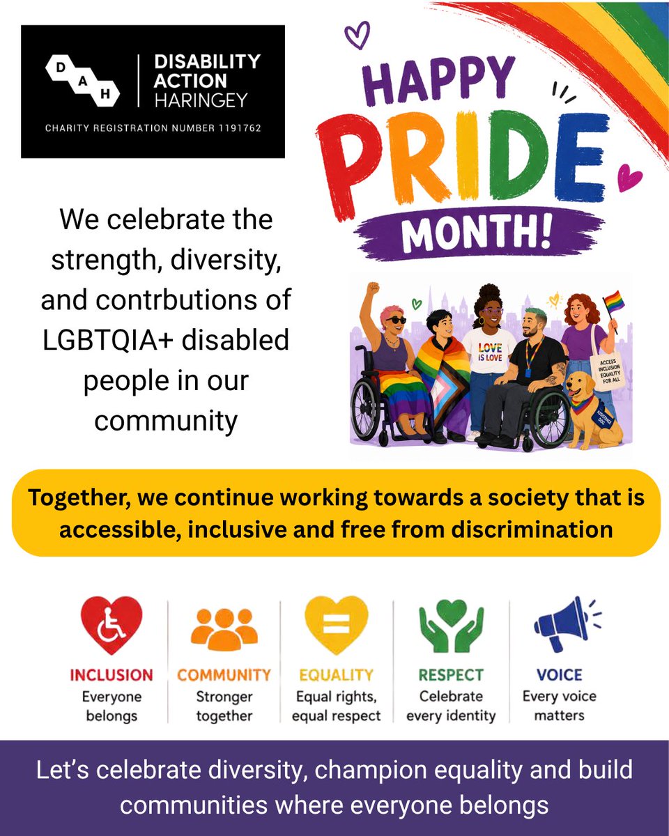 DisabilityActHa's tweet photo. Together, we continue working towards a society that is accessible, inclusive and free from discrimination. Happy Pride Month!
 #PrideMonth #LGBTQIA #DisabilityInclusion #InclusiveCommunity #AccessibilityForAll #EqualityMatters #DiversityAndInclusion #DisabilityRights #CelebrateDiversity #DAH #DisabilityActionHaringey #Haringey #StrongerTogether