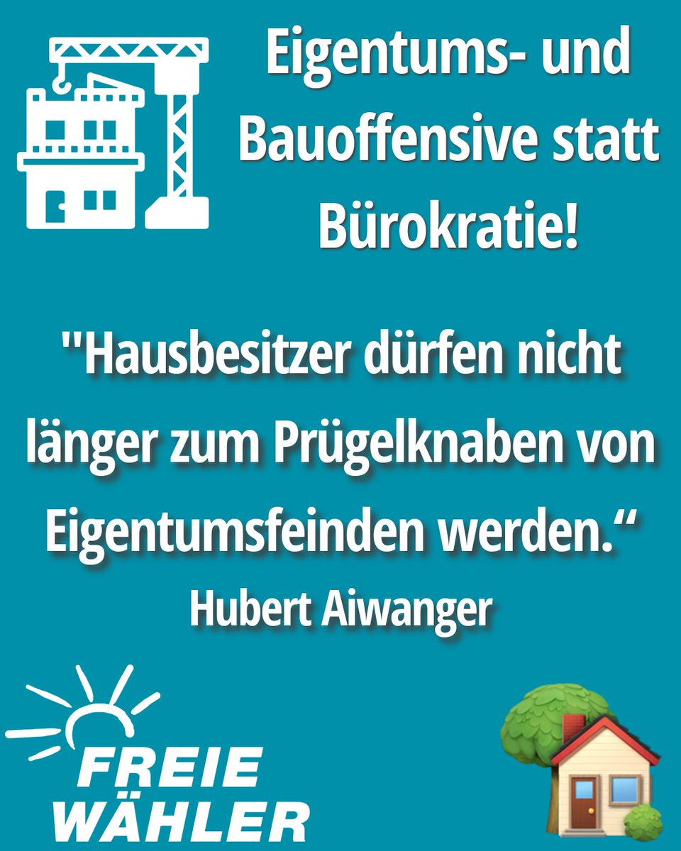fw_bayern's tweet photo. 🏠 Landesvorstand und Fraktionsvorstand FREIE WÄHLER fordern: Eigentums- und Bauoffensive statt Bürokratie!

Bauen muss wieder bezahlbar werden. Wir wollen weniger Vorschriften, niedrigere Baukosten, schnellere Genehmigungen und mehr Unterstützung für Familien auf dem Weg ins Eigenheim.

@HubertAiwanger:
„Unser Ziel muss sein, die Wohneigentumsquote in Deutschland innerhalb der nächsten zehn Jahre auf mindestens 50 Prozent zu steigern. Hausbesitzer dürfen nicht länger zum Prügelknaben von Eigentumsfeinden werden.“

Unsere Forderungen:
✅ Gebäudetyp E schnell einführen
✅ Baustandards auf das Notwendige reduzieren
✅ Bürokratie abbauen
✅ Familien beim Eigenheimerwerb entlasten
✅ Eigentum und Vermieter besser schützen

Mehr Wohnraum entsteht nicht durch immer neue Auflagen, sondern durch bessere Rahmenbedingungen. Eigentum muss für die arbeitende Mitte wieder erreichbar werden! 💪🏡

Alle Infos 👇
https://t.co/yUWrT2OeKO

#FREIEWÄHLER
