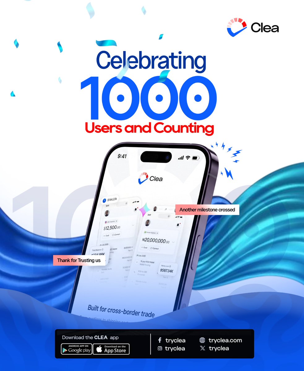 tryclea's tweet photo. Celebrating 1,000 Users 🎉

When we set out to simplify cross-border payments for Nigerian importers, we knew the problem was real.

Reaching 1,000 users tells us our solution is too.

To every importer who trusted Clea with their payments, thank you.
This is just the begining 💙 https://t.co/IbJw3RLSTU