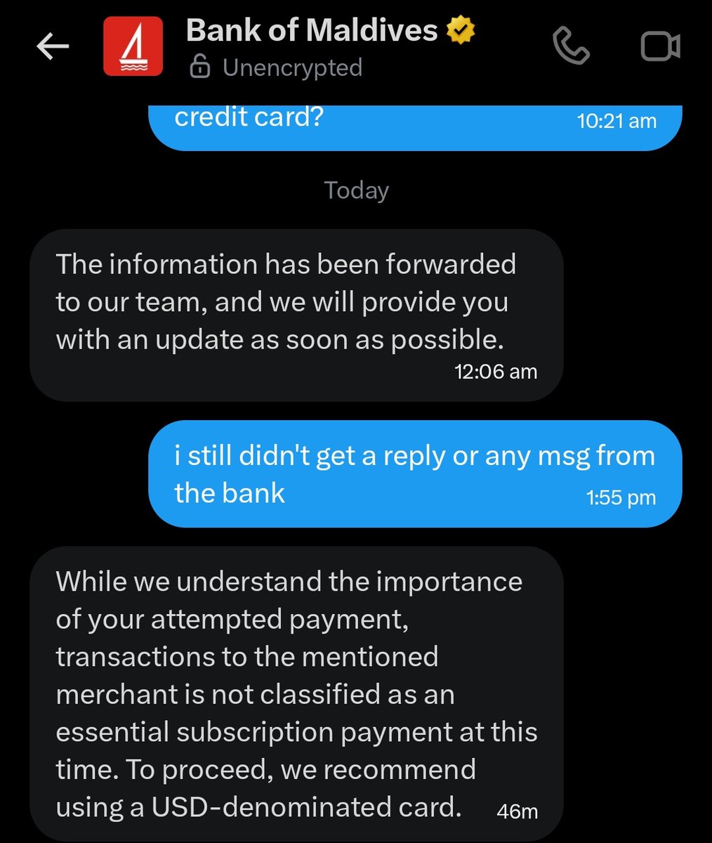 AliZiyad's tweet photo. @bankofmaldives @AliMurutha11437 And their templated reply is.. ur payment is non essential.. use a USD card. Wifi... All customer need to take all money from bank and use any other provider. Then BML will be... https://t.co/3Kv1S5XRgh