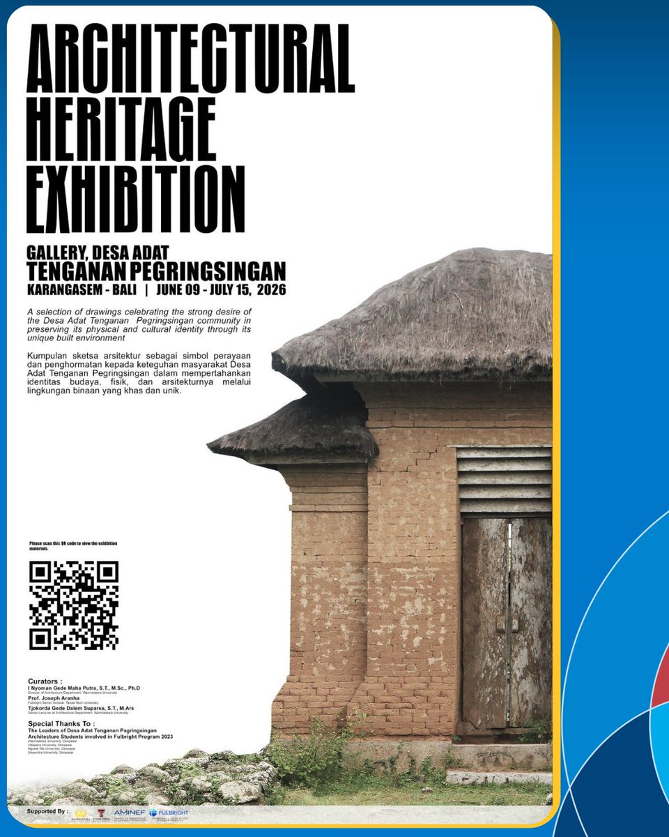 FulbrightID's tweet photo. Halo Bali - Kunjungi Architectural Heritage Exhibition di Desa Tenganan Pegringsingan, Karangasem. 

📍 9 Juni – 15 Juli 2026

Pameran hsl gagasan Fulbrighter 🇺🇸 Prof. Joseph Aranha ini didukung @FulbrightID  &amp; bag. dr Tenganan Pegringsingan Culture Festival oleh @KarangasemKab. https://t.co/JpYczv5JFB