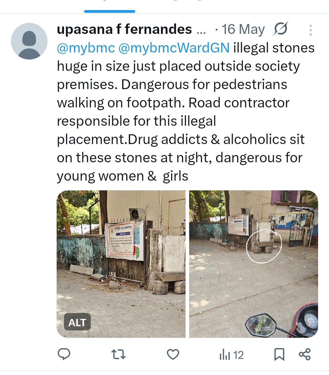 UpasanaF's tweet photo. @mybmcWardGN @mybmc  Huge stone left on gate of our premises of Nasserwanji Compound, Mahim west, Gabriel road by Road Dept. Several complts filed but no action.  drug addicts &amp; alcoholics  sit on this stone  causing danger &amp; inconvenience to ladies &amp; children living the premises https://t.co/Ade0vB7ocJ