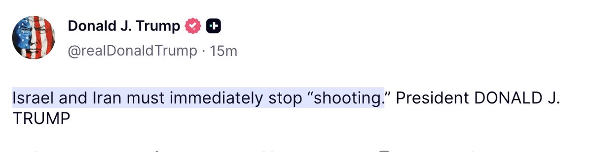 TruthTrumpPost's tweet photo. JUST NOW: President Donald J. Trump has asked both Israel and Iran to immediately cease all military operations and "stop shooting."

Refusing to let the Middle East descend into an uncontrollable war.👏 https://t.co/9jqXfwBDpJ