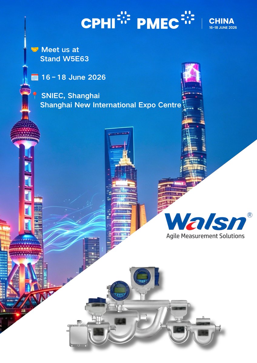 Walsn_ca's tweet photo. 🤝 Visit Walsn at CPHI &amp; PMEC China 2026 (Stand W5E63)
🗓️ 16 – 18 June 2026
📍 SNIEC, Shanghai – Shanghai New International Expo Centre
We look forward to connecting with you!
#CPHIChina #PMECChina #Biopharma #Pharmaceutical #ProcessControl #FlowMeasurement #Walsn https://t.co/S3dhqpc2sE