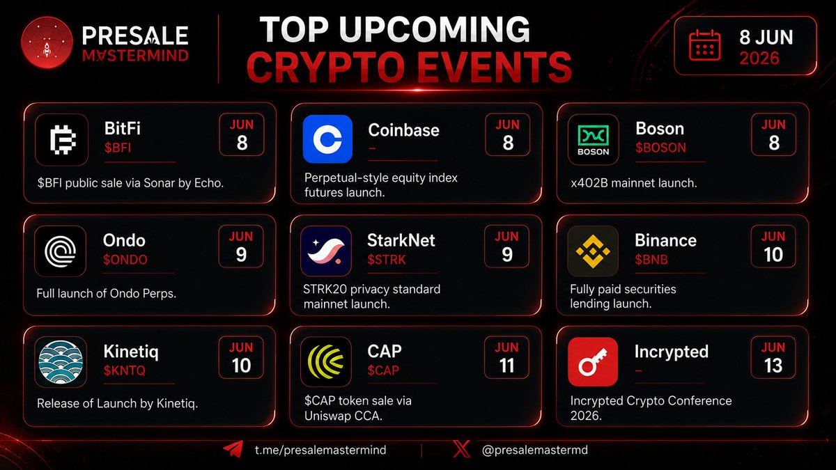 presalemastermd's tweet photo. Top upcoming crypto events to watch:

$BFI | $COIN | $BOSON | $ONDO | $STRK | $BNB | $KNTQ | $CAP

Public sales, mainnet launches, product releases, and even a major crypto conference on the way.

Which event are you watching the most?

Drop your pick below.
Like, repost, and follow for more.
#Crypto #Altcoins #CryptoEvents #Blockchain #Web3