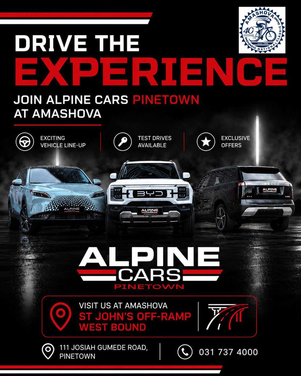 Amashova's tweet photo. Join Alpine Cars Pinetown, a division of Alpine Motor Group, at the Amashova for exclusive offers, test drives and a chance to win an exciting prize!

You will find us at the M13 St Johns off-ramp west bound on race day as well as at both number collections in Howick and Durban. https://t.co/7n7nhS7kc2