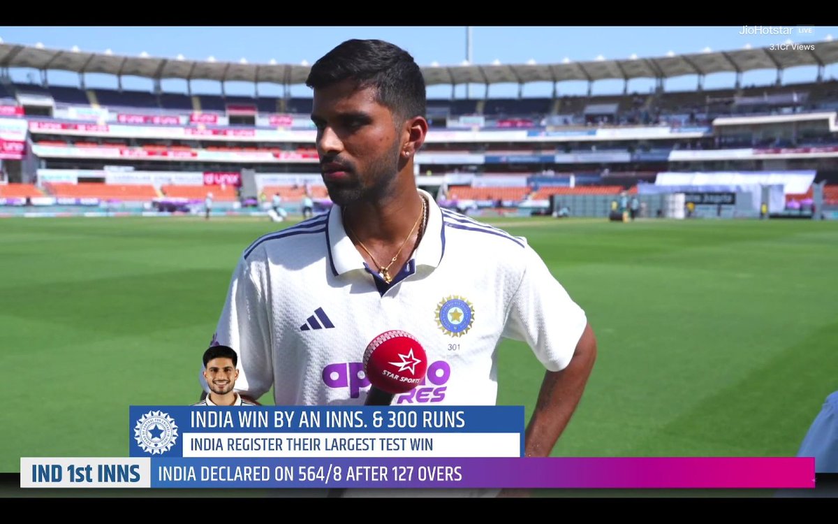 CricCrazyJohns's tweet photo. Washington Sundar said "Shubman Gill as a Captain is very attacking, he always go for wickets". [JioStar] https://t.co/1jhxbH1a4j