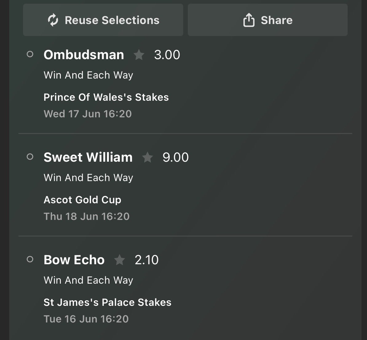 CarlC312's tweet photo. I’m playing this Trixie for Royal Ascot (and no it’s not each way, not sure why it says that). I also have an e/w single on SW at 11 before the Sandown race https://t.co/1LzdYwvU4E