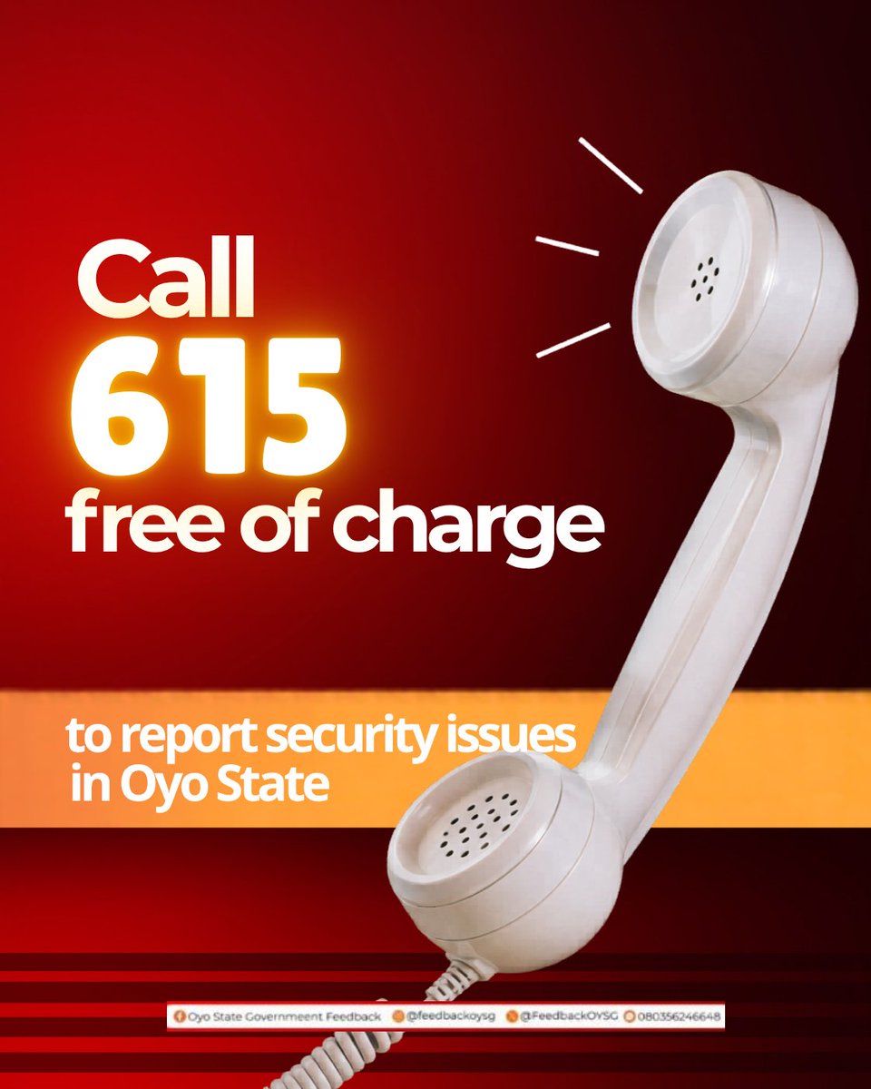 FeedbackOYSG's tweet photo. Have you seen anything suspicious in your community? The citizens’ enquiry number in Oyo State is 615. Call free of charge to report any security concerns. If you see something, say something, and the authorities will do something about it. https://t.co/pkqWXlpMaB