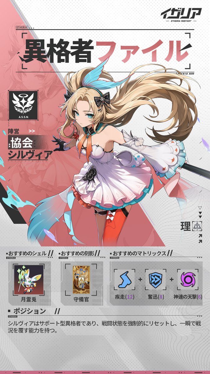 Etheria_jp's tweet photo. 【📄#異格者ファイル】——#シルヴィア 夢描く少女
🎙️CV：#名塚佳織

シルヴィアはサポート型異格者であり、戦闘状態を強制的にリセットし、一瞬で戦況を覆す能力を持つ。

#イザリア https://t.co/62IKbz2pGV
