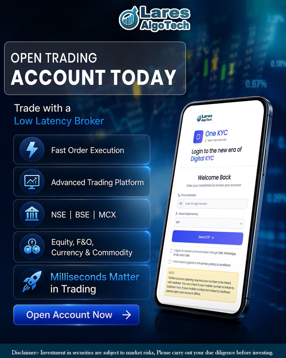 AlgoLares's tweet photo. Speed matters in trading.

Open your account with Lares Algotech and experience low-latency execution, faster order processing, and a seamless trading experience.
📈 Trade Faster. Trade Smarter.

#LaresAlgotech #LowLatencyBroker #OpenAccount #TradingAccount #StockMarketIndia https://t.co/jxRgZHjR0Y