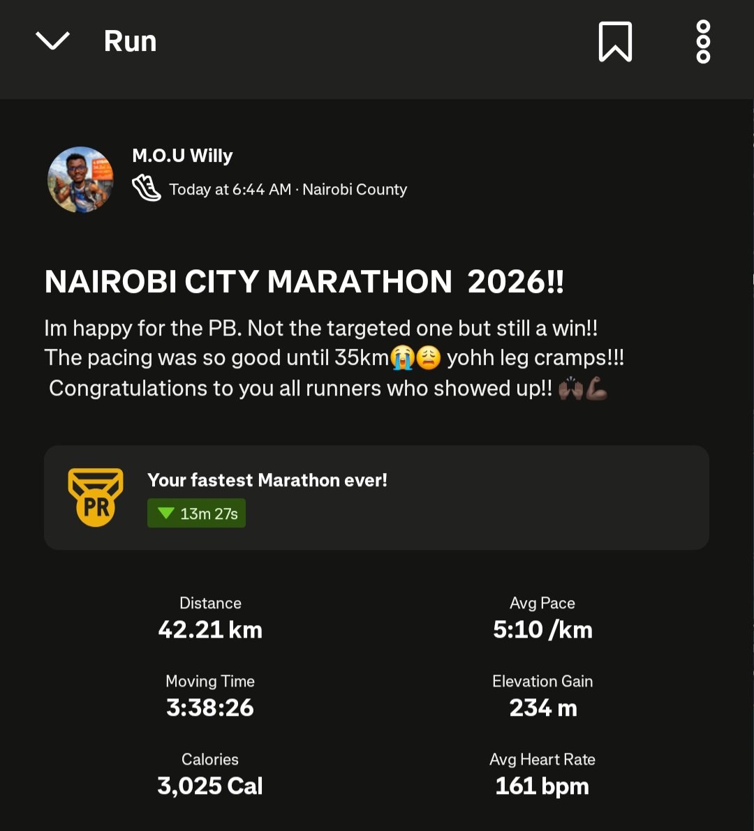 iWillyMoU's tweet photo. 1/5
Finally some energy to recap what transpired yesterday at the #NairobiCityMarathon First off, a big congratulations to all who successfully and safely made it to the finish line. Congrats again for those who nailed new PBs!! https://t.co/MW1quznZ3y